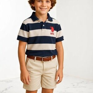 U.S. Polo Association Boys Size 8 Kids Medium Striped Polo Navy & White Logo